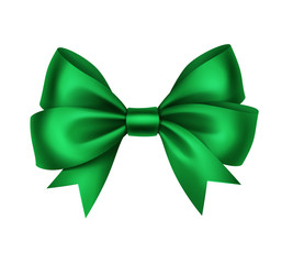 Vector Shiny Green Satin Gift Bow Close up Isolated on White Background