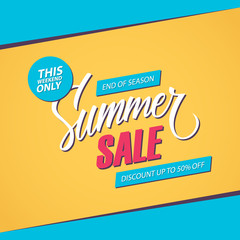 Obraz premium Summer Sale. This weekend special offer banner, discount up to 50% off. End of season. Vector illustration.