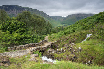 Fototapeta na wymiar Wasdale Head and Yewbarrow mountain viewed from the path by Fence Wood in the Lake District National Park, Cumbria, England. The footpath is a popular walk to Burnmoor Tarn and its old fishing lodge.
