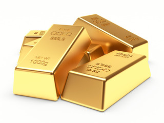 Banking concept. Heap of golden bars isolated on a white background. 3d illustration.