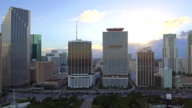 Stock video of Downtown miami facing west at sunset