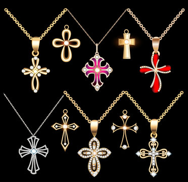 Illustration set gold and silver cross pendant with gems
