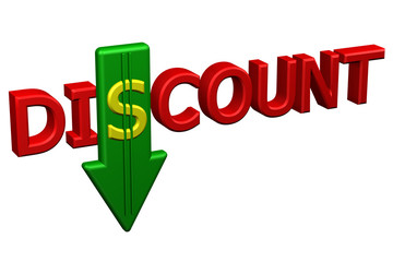 Concept: word discount with arrow. 3D rendering.
