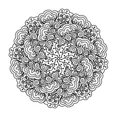 Round element for coloring book. Black and white floral pattern. Vector illustration.