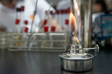 Close-up detail of an  ethanol burner, also known as a spirit lamp, in a microbiological laboratory with test tubes in the background. Science concept.