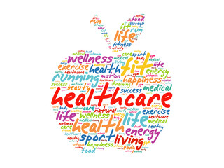 Health care apple word cloud collage, health concept background