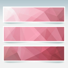 Vector banners set with pink polygonal abstract triangles. 