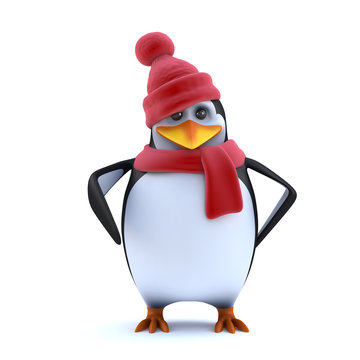 3d Cute winter penguin in wool hat and scarf