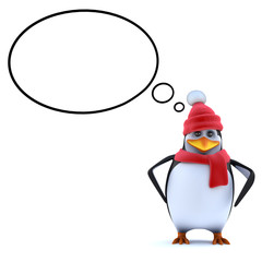 3d Cute winter penguin has an idea