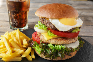 hamburger meat cutlet  egg cheese french fries