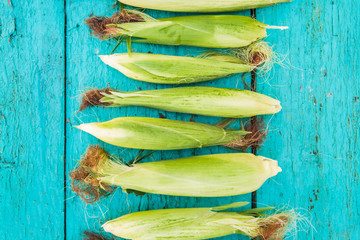 corn on the cob on a blue wooden background © tanacha