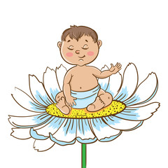 Vector illustration. Cute little  baby boy  on chamomile.