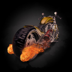 Fiery burning motorbike conceptual image with flames erupting fr