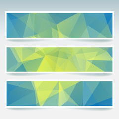 Vector banners set with polygonal abstract green, blue triangles