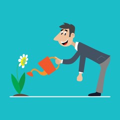 a happy man is watering the flowers. vector illustration of cartoon