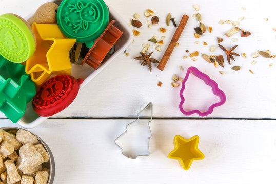 Preparations For Christmas And New Year. Baking Christmas Cookies. On A White Wooden Table, Top View