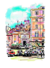 Naklejka premium watercolor travel card from Rome Italy, old italian imperial bui