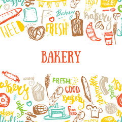 Bakery banner on pattern with lettering on wooden background. Hand drawn vector illustration for menus, banners, recipes and packages.