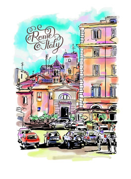 original freehand watercolor travel card from Rome Italy with ha