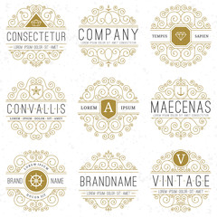 Luxury logo templates set in vintage style. Line art retro monograms, insignias, emblems, logotypes, labels with elegant floral ornamental design elements. Vector illustration