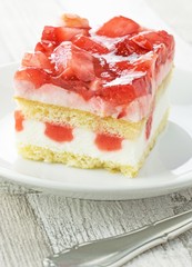 A portion of fresh cream strawberry sponge cake on a plate
