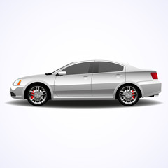 Silver sedan, side view, realistic car vector illustration