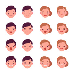 Naklejka premium Set of 16 different emotions. Anger and joy. Surprised and hurt. Indifference and shock. Laughter and dream. Cartoon vector flat-style illustration
