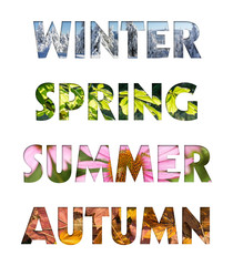 Captions winter, spring, summer, autumn from four seasons photos for calendar, flyer, poster,...