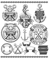 Marine emblem with anchors. Tattoos with anchors, chains, in vintage style. Text on the banners can be easily removed. © Agor2012