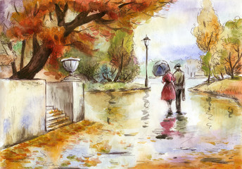 Watercolor hand drawn painting landscape with a couple in the autumn park - 118200983