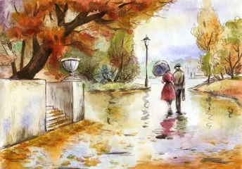 Fototapeten Watercolor hand drawn painting landscape with a couple in the autumn park © milovelen