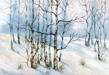 Panele Szklane Podświetlane  Akwarela krajobraz z brzozami na śniegu
