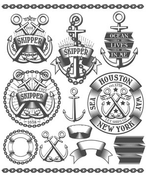 Marine emblem with anchors. Tattoos with anchors, chains, in vintage style. Text on the banners can be easily removed.