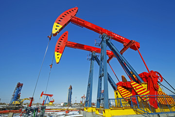 Oil pump, oil industry equipment in the snow