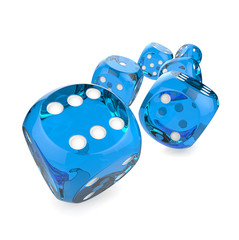 Blue Dices. 3D Render of 6 blue dices rolling forward. 