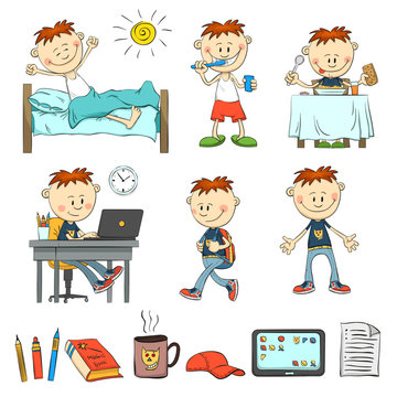 Boy during the day. What does an ordinary schoolboy. The boy wakes up, brushes his teeth, eat breakfast, studying for the laptop comes with a backpack. 