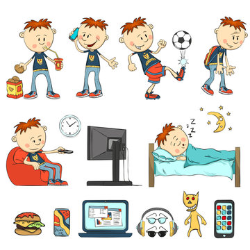 Boy in different situations. Schoolboy eats, drinking cocktail, have a cookie. Boy talking on the phone, playing football, watching television sitting in a chair, talking wearily. 