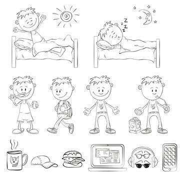 Boy draw the outline of a sketch style. The boy wakes up, sleeping in the bed. Boy brushing his teeth, comes with a backpack, drinking a cocktail with cookies. 
