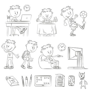 What does a teenager - outline drawings. Teenager working with a laptop. Boy having breakfast. Boy playing soccer. Teenager calling on the phone. Tired boy. Boy watching TV. Items teenager.