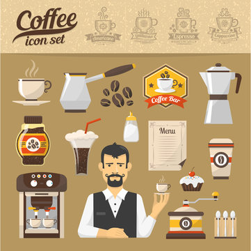 Coffee icons set. Coffee shop in  flat style -  set of pictures. Additionally, 4  emblem - types of coffee.