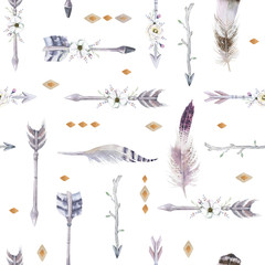 Watercolor boho seamless pattern with teepee, arrows and feather