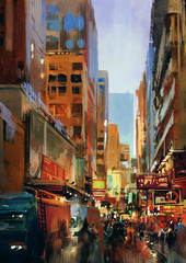 Plakaty  miejska ulica z budynkami, uliczka miejska, kolorowy obraz, ilustracja