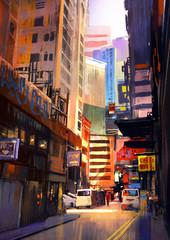 Naklejka premium urban street with buildings, city alleyway,colorful painting,illustration