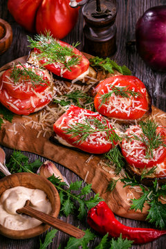Eggplant and tomato stacks rustic