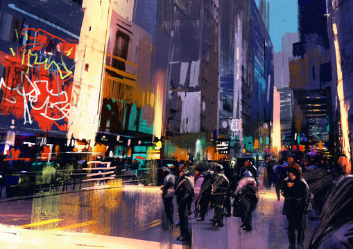 crowd of people in city street,colorful painting,illustration