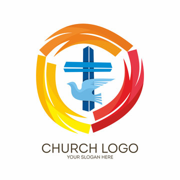 Church logo. Christian symbols. Jesus' cross and dove - the Holy Spirit.