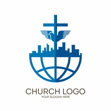 Church logo. Christian symbols. City, Globe, Jesus' cross and dove - the Holy Spirit.