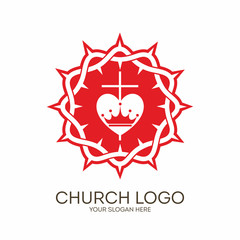 Church logo. Christian symbols. Crown of thorns, cross and heart.