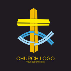 Church logo. Christian symbols. Cross and Jesus fish.
