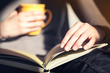 Close-up of female hands holding open book. Woman reading book.